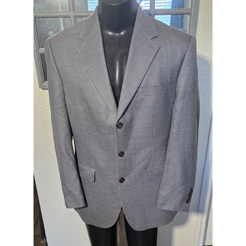 Ralph Lauren Silk Wool Houndstooth Sport Coat Blazer Grey Blue 40R 3 Button